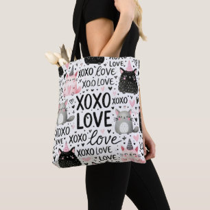 TOTE BAG ROSE NOIR GRIS VALENTINE CHATS MICE & KISSES