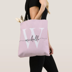 Tote Bag Rose Pâle Élégant Féminin Monogramme Personnalisé