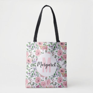 Tote Bag Rose pâle pastel Floral Rose Aquarelle Monogramme