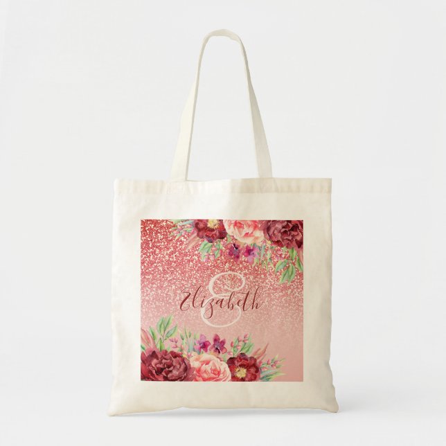 Tote Bag Rose Parties scintillant or Blush Bourgogne Floral (Devant)