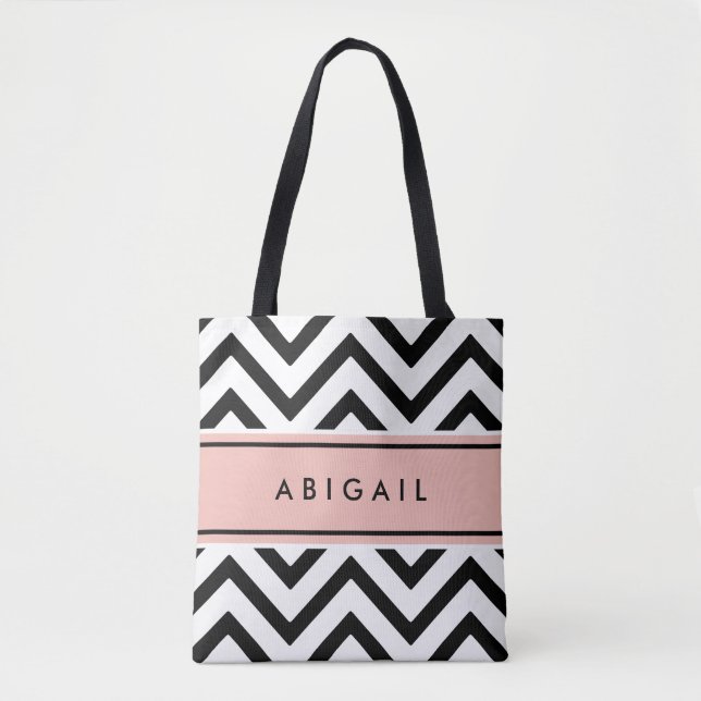 Tote Bag Rose rose noir blanc blanc moderne Chevron Zigzag (Devant)