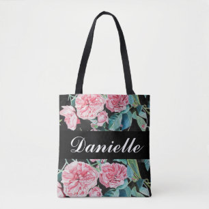 Tote Bag Rose rose roses Fleur Florale rétro sur l'art noir