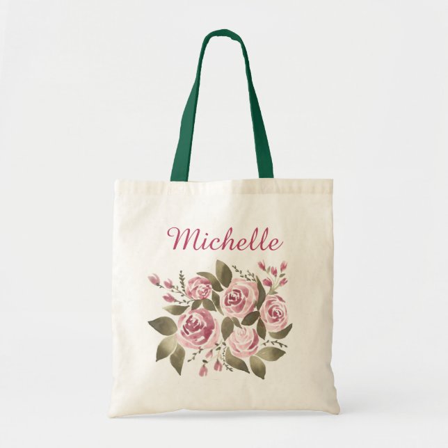 Tote Bag Rose rose vert floral avec nom (Devant)