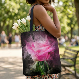 Tote Bag Rose roseau aquarelle sur fond noir