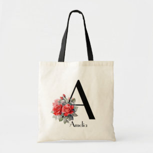 Tote Bag Rose rouge aquarelle Lettre A Monogramme Demoisell