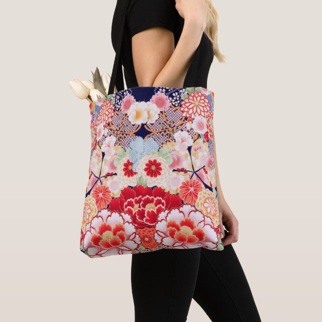 Tote Bag ROSE ROUGE BLANC FLEURS pivoines, Floral japonais  (De près)