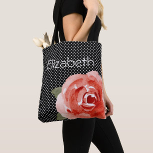 Tote Bag Rose rouge sur pois blancs noirs