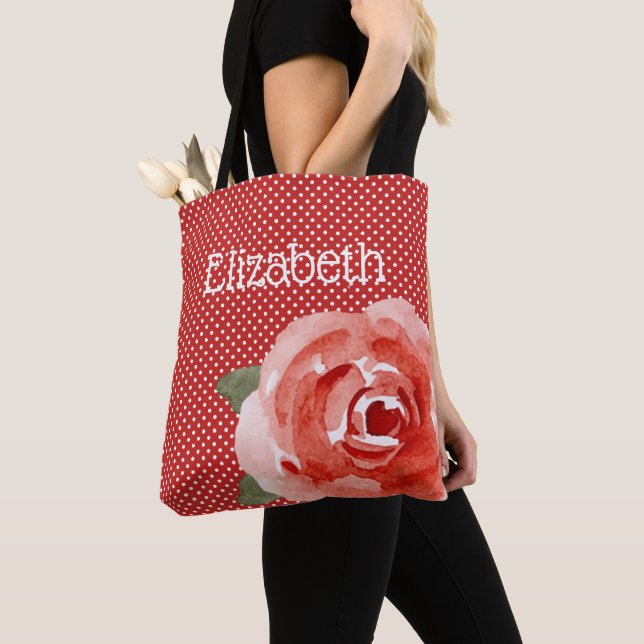 Tote Bag Rose rouge sur Pois rouges et blancs (De près)