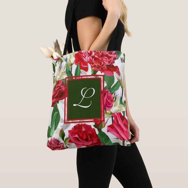 Tote Bag Roses blanches rouges Fleurs florales Monogramme p (De près)