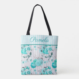 Tote Bag Roses bleu turquoise, Gris et Monogramme