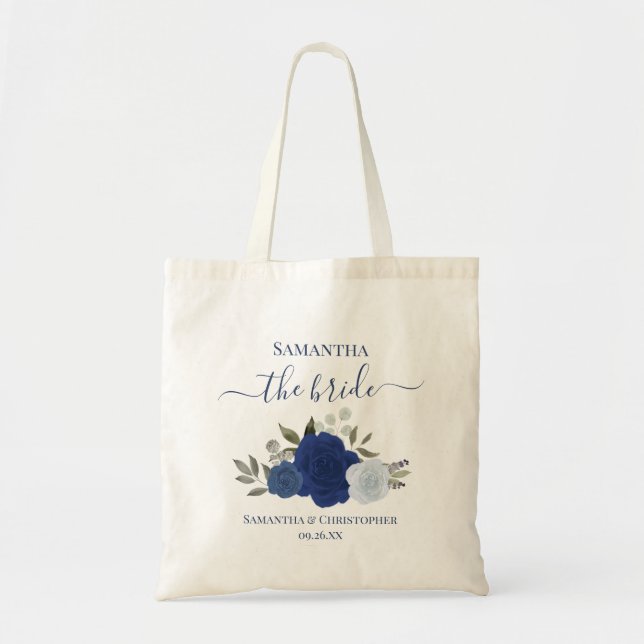 Tote Bag Roses Bohème Bleu Rustique Élégante Mariée Mariage (Devant)