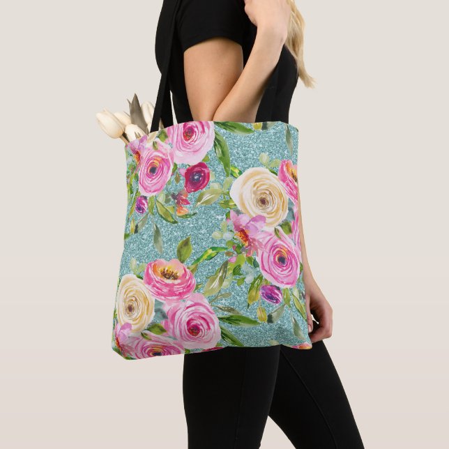 Tote Bag Roses d'aquarelle en Parties scintillant Aqua rose (De près)
