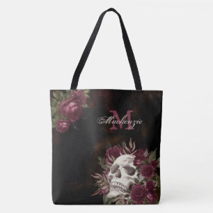 Tote Bag Roses du crâne Nom du monogramme Bourgogne Noir Gr