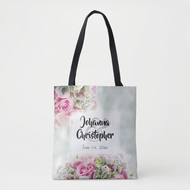 Tote Bag Roses et pivoines roses élégantes sur Mariage Turq (Devant)
