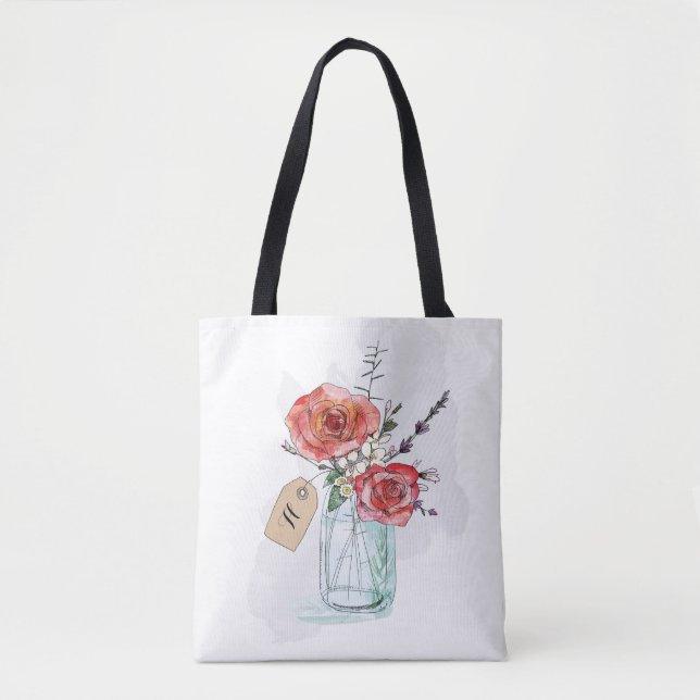 Tote Bag Roses Peintes dans une Fleur de Monogramme de Pot  (Devant)