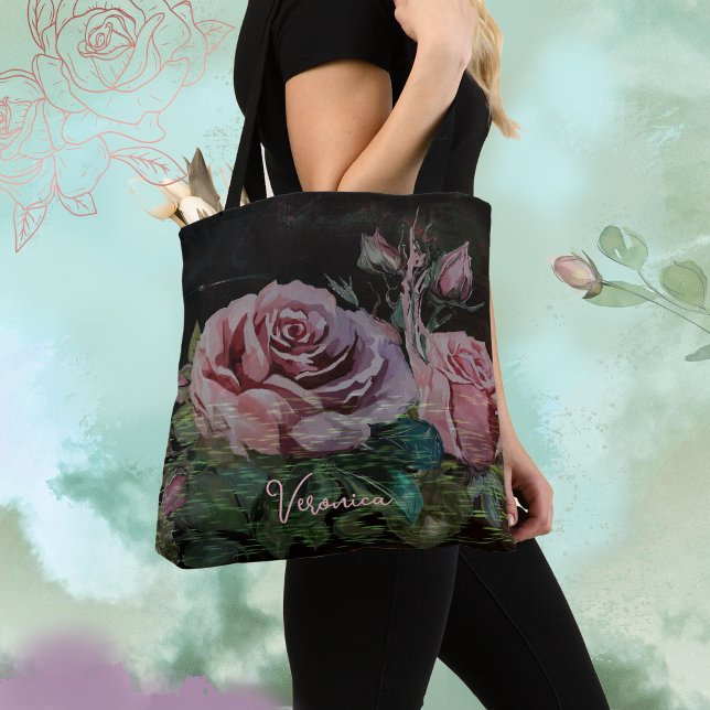 Tote Bag Roses roses sur noir (Pink Roses on Black Tote Bag)