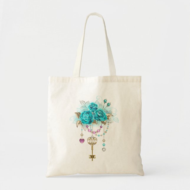 Tote Bag Roses turquoise avec touches (Devant)