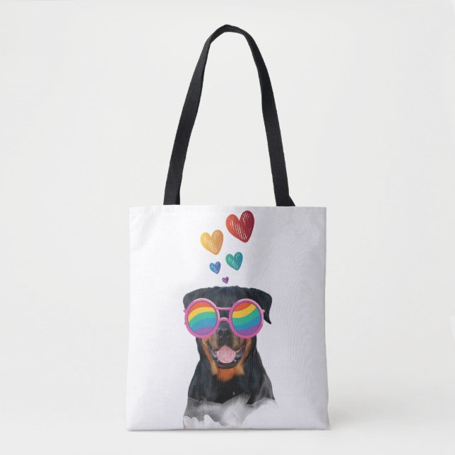 Tote Bag Rottweiler Chien avec Coeurs Saint-Valentin (Devant)