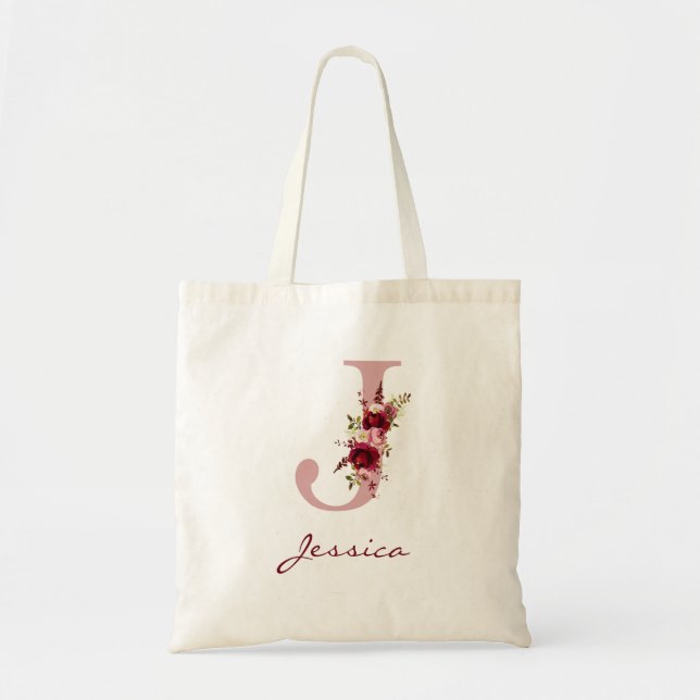 Tote Bag Rouge à joues Rose Bourgogne Lettre J Floral (Devant)