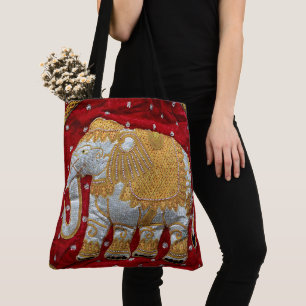 Tote Bag Rouge embelli et or d'éléphant d'Asie