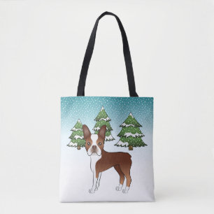 Tote Bag Rouge Et Blanc Boston Terrier En Hiver