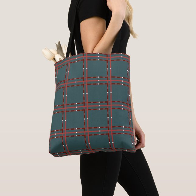 Tote Bag Rouge Et Blanc Minimal Plaid Sur Vert Foncé (De près)