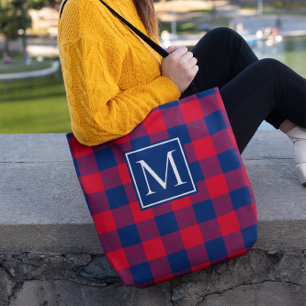 Tote Bag Rouge et bleu marine Buffalo Plaid Monogrammé