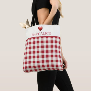Tote Bag Rouge et crème vichy vintage avec cœur