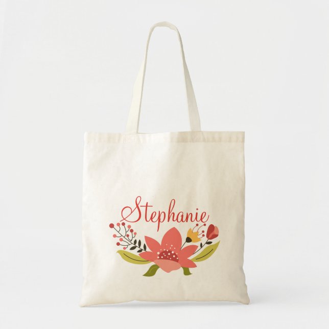 Tote Bag Rouge et guirlande florale personnalisée par jaune (Devant)