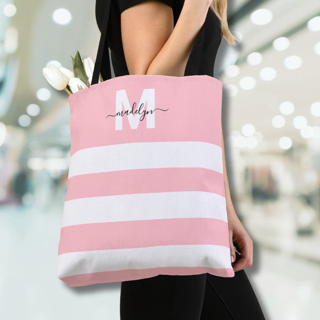 Tote Bag Rouge Foncé Rayures Prénom Brodé (Blush Pink Stripes Name Monogrammed Tote Bag)