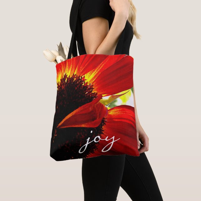 Tote Bag Rouge Orange Gerbera Daisy Photo Joie Script Moder (De près)