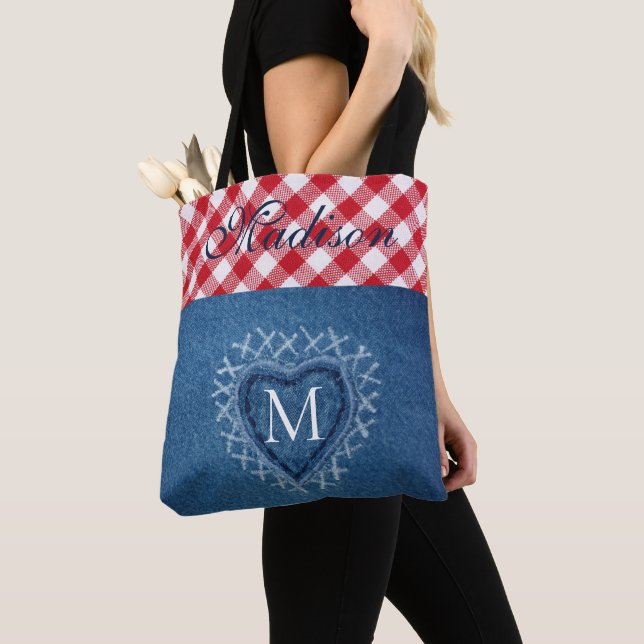 Tote Bag Rouge Plaid Buffalo Check Denim Heart Monogramme (De près)