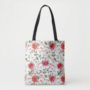 Tote Bag Rouge Poinsettia et Motif de Noël Paperblanc