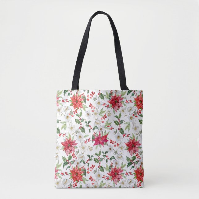 Tote Bag Rouge Poinsettia et Motif de Noël Paperblanc (Devant)