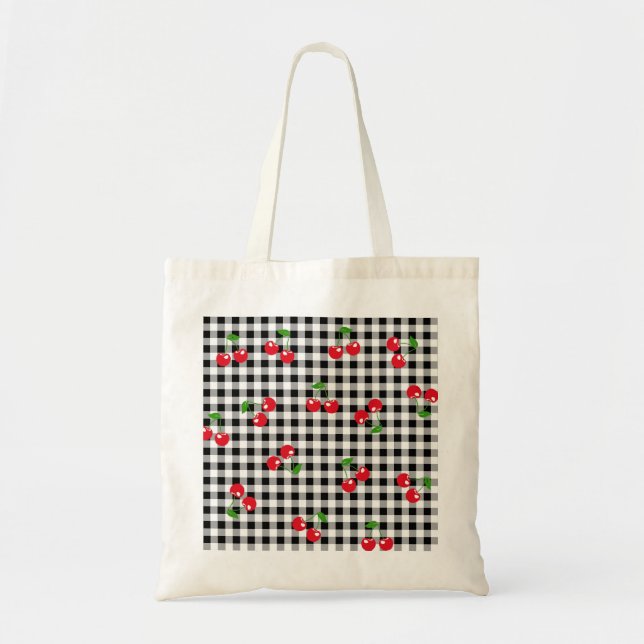Tote Bag Rouge rétro Cerisier Noir Blanc Buffalo Plaid En v (Devant)
