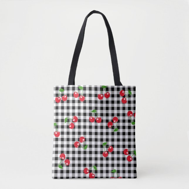 Tote Bag Rouge rétro Cerisier Noir Blanc Buffalo Plaid En v (Devant)