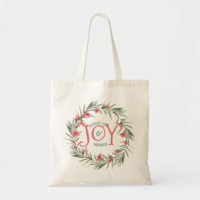 Tote Bag Rouge & Vert Floral Wreath Noël Joie Modèle (Devant)