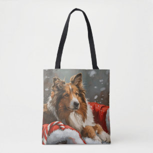 Tote Bag Rough Collie Chien Festif de Noël