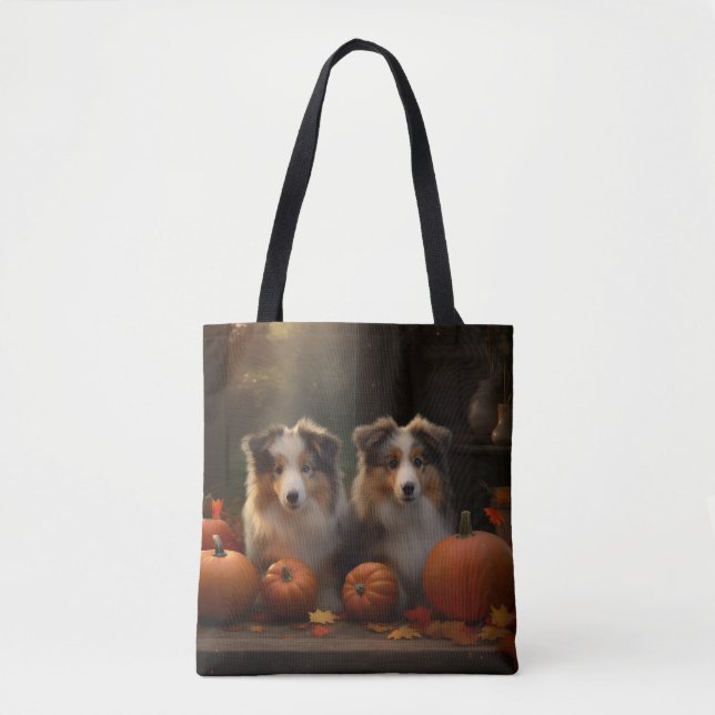 Tote Bag Rough Collie Puppy Automne Citrouille de plaisir (Devant)