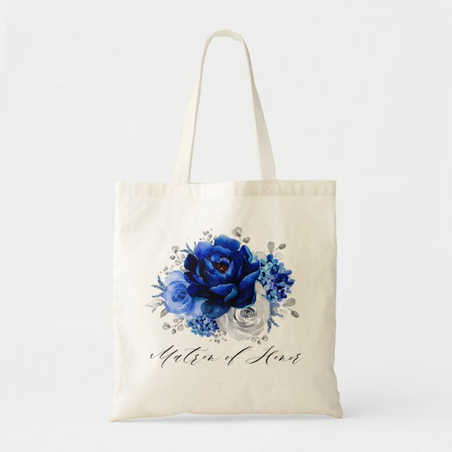 Tote Bag Royal Bleu Blanc Argent Floral Matron d'honneur (Devant)