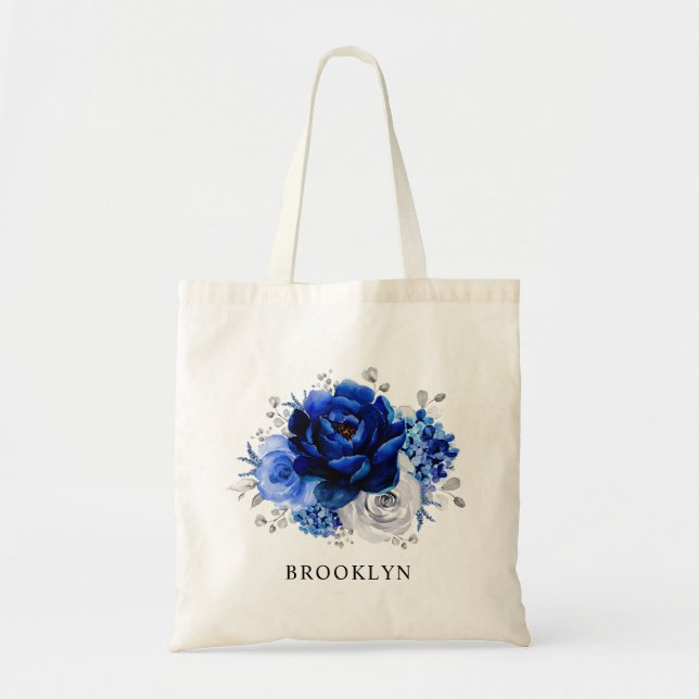 Tote Bag Royal Bleu Blanc Argent Métallo Mariage Floral (Devant)