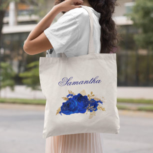 Tote Bag Royal Blue Gold Roses Floral Bridesmaid