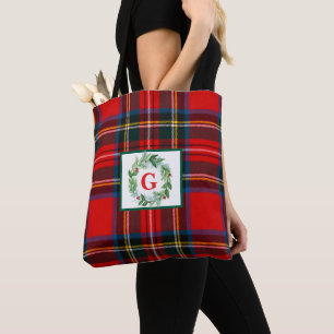 Tote Bag Royal Stewart Christmas MONOGRAS Plaid Wreath