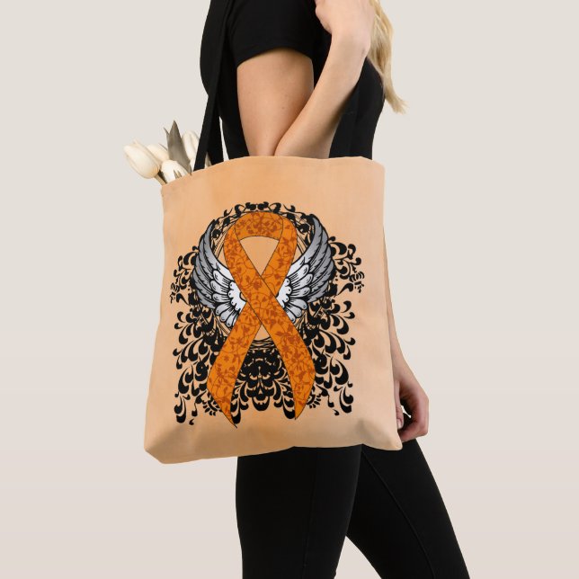 Tote Bag Ruban de sensibilisation orange avec ailes (De près)
