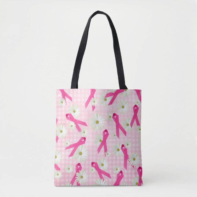 Tote Bag ruban rose et marguerites sur en vichy (Devant)