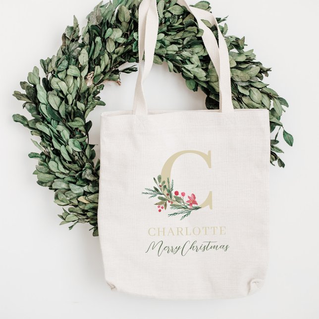 Tote Bag Rustic Berry Branch Initiale et Nom Noël (Créateur téléchargé)