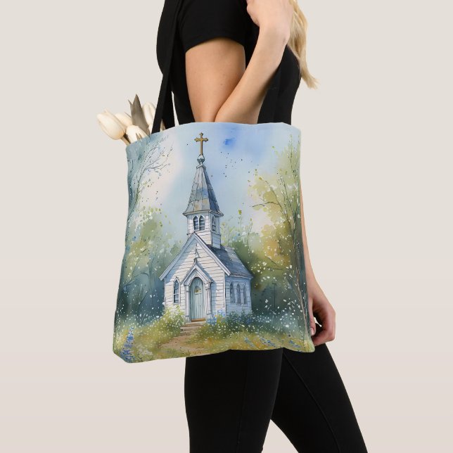 Tote Bag Rustic Church Path in Wildflower Meadow (De près)
