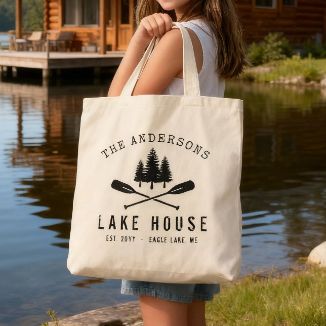 Tote Bag Rustic Lake House Boat Oars Trees Nom de famille (Créateur téléchargé)