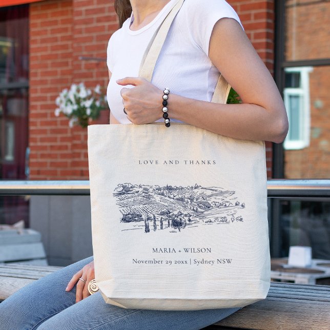 Tote Bag Rustic Navy Blue Winery Mountain Mariage croquis (Créateur téléchargé)