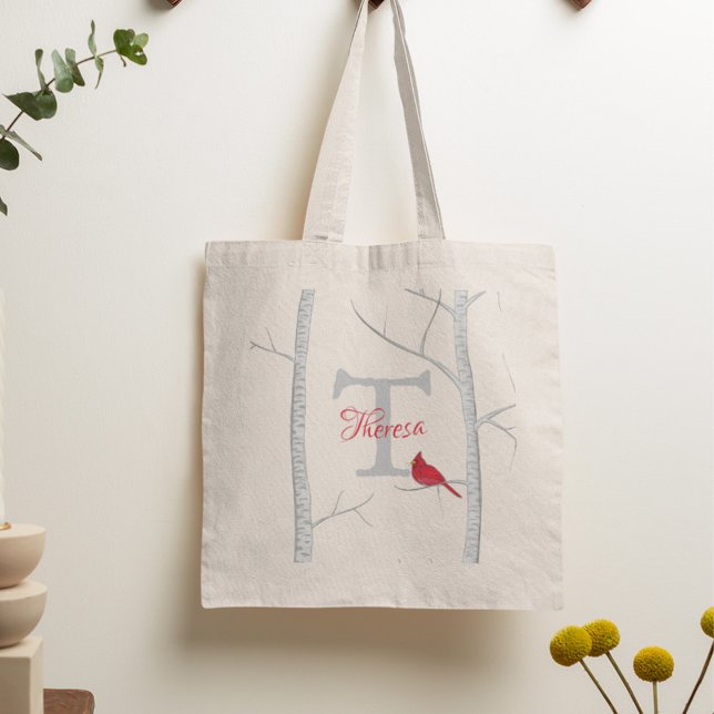 Tote Bag Rustique Holiday Tree tendance Moderne Monogramme  (Rustic Christmas tree monogram tote bag with modern holiday design and personalized initial.)